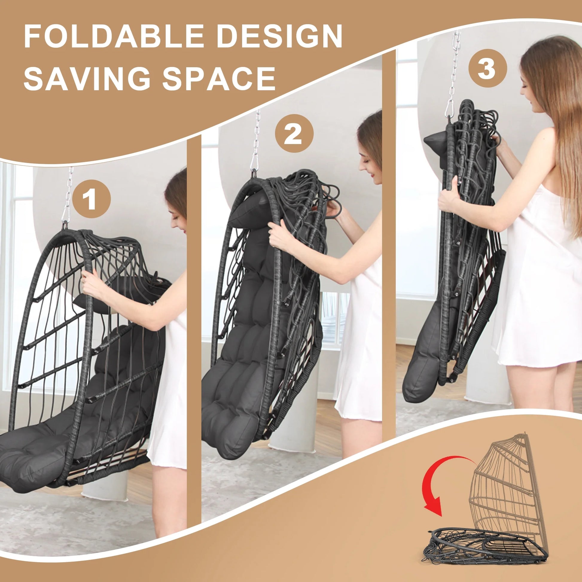 RADIATA Hanging Egg Chair Without Stand, Dark Gray Wicker Swing Egg Chair with Cushion, 350 lbs Capacity, Indoor Outdoor Ceiling or Tree Hanging Chair for Patio, Bedroom, Porch