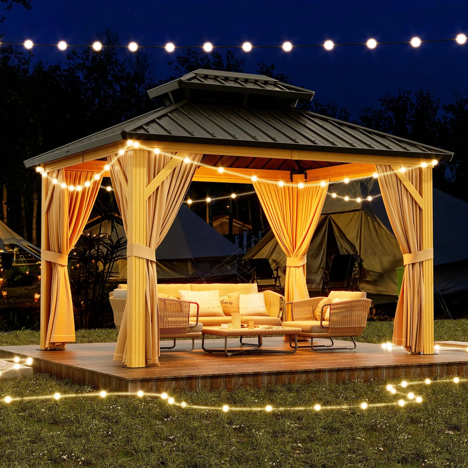 TROPOW 10x12ft Hardtop Gazebo Double Roof with Nettings and Curtains,Aluminum Frame,Wood Grain Heavy Duty Galvanized Steel Outdoor Combined of Vertical Stripes Roof for Garden,Patio,Lawns,Parties