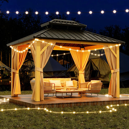 TROPOW 10x12ft Hardtop Gazebo Double Roof with Nettings and Curtains,Aluminum Frame,Wood Grain Heavy Duty Galvanized Steel Outdoor Combined of Vertical Stripes Roof for Garden,Patio,Lawns,Parties