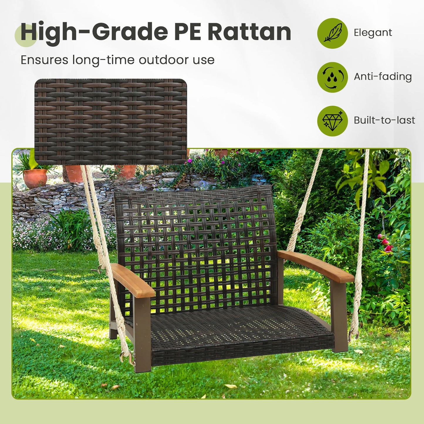 Gymax Rattan Porch Swing Patio Wicker Single Hanging Seat w/Seat Cushion & Acacia Wood Armrests