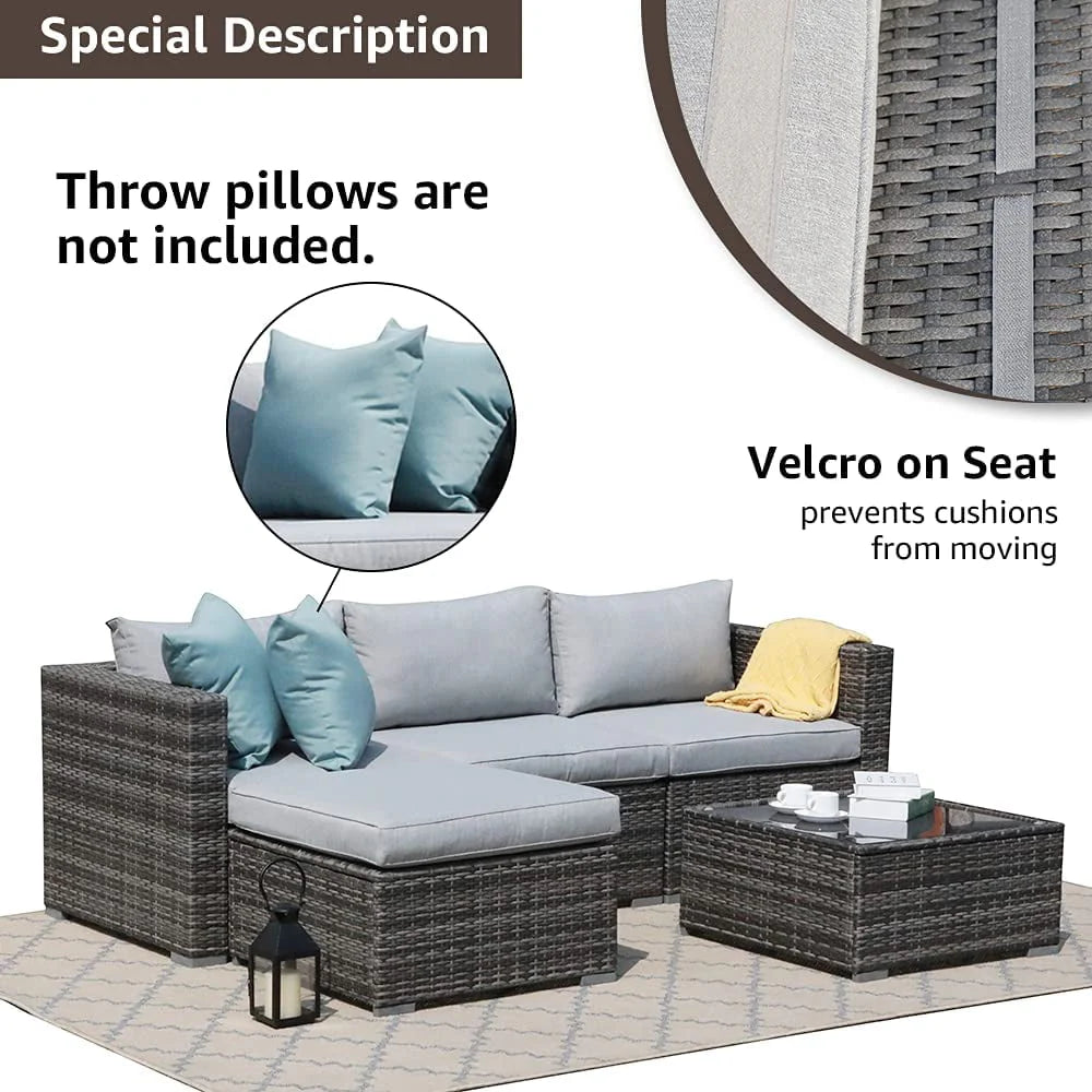 Patiorama 5-Piece Patio Furniture Set, Outdoor Sectional Conversation Set, All-Weather Grey PE Wicker with Light Grey Cushions, Backyard Porch Garden
