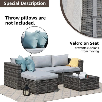 Patiorama 5-Piece Patio Furniture Set, Outdoor Sectional Conversation Set, All-Weather Grey PE Wicker with Light Grey Cushions, Backyard Porch Garden