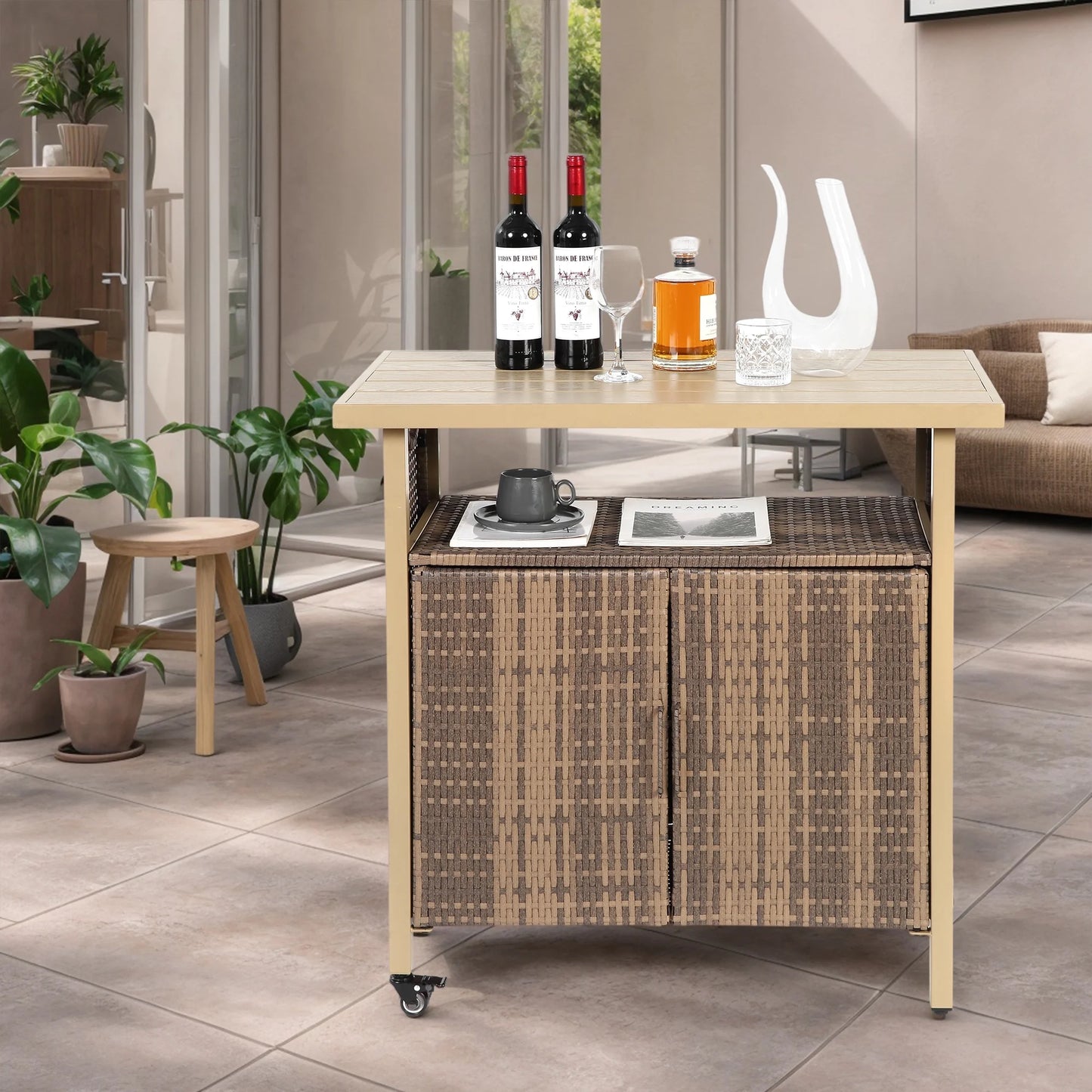 Outdoor Wicker Bar Cart with Wheels, Light Brown - Versatile Outdoor Grill & Beverage Cart for Patio, Backyard, Garden & Poolside Parties