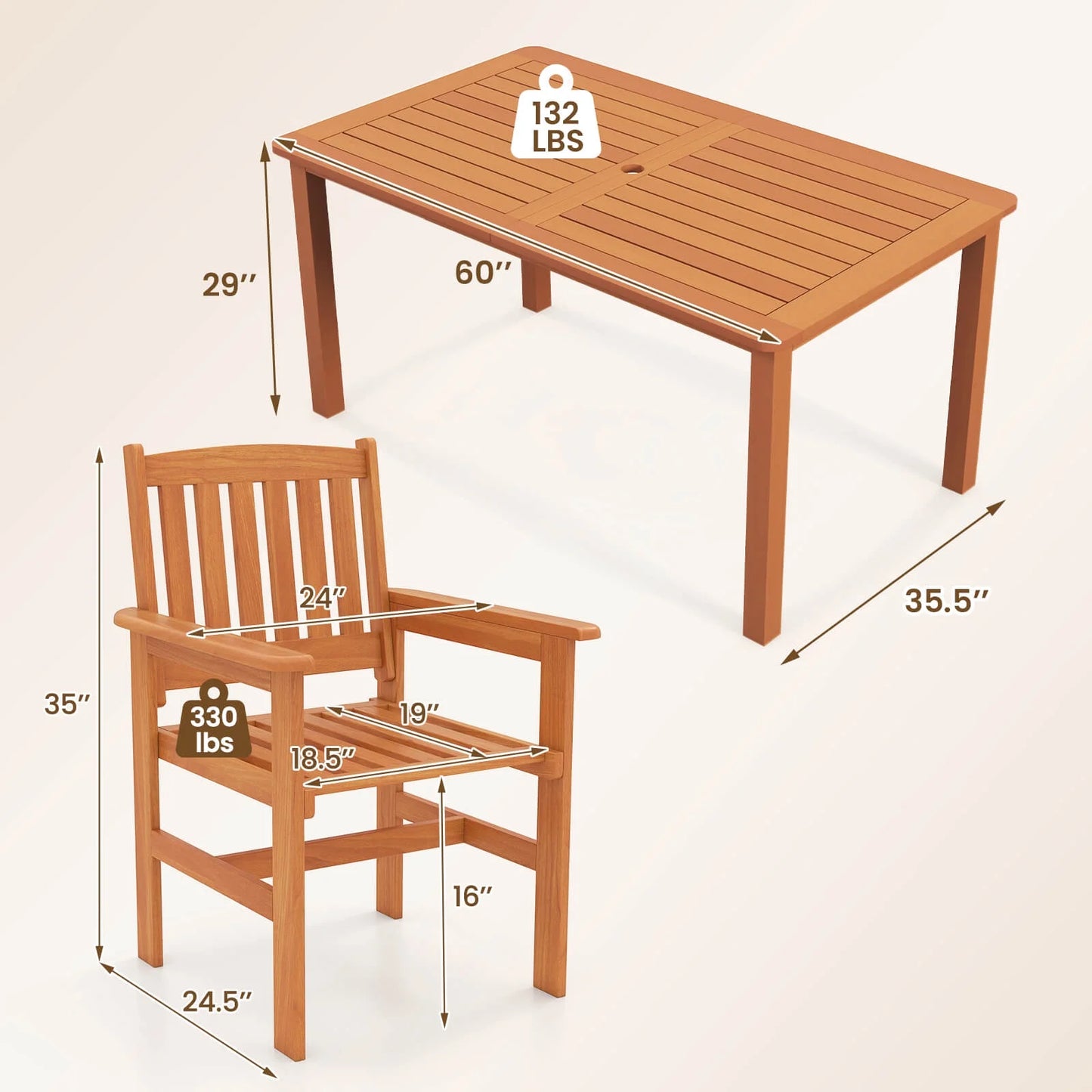 Costway 7 PCS Patio Wood Dining Table Set with 2? Umbrella Hole Outside Furniture Set