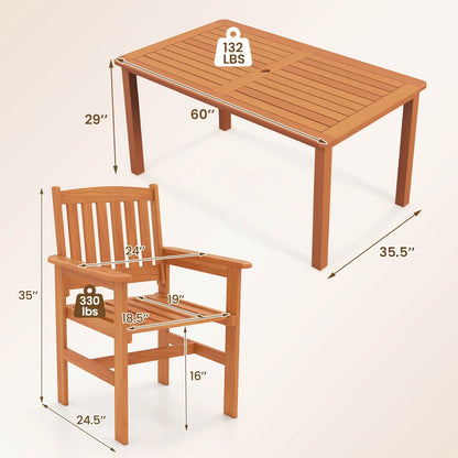 Costway 7 PCS Patio Wood Dining Table Set with 2? Umbrella Hole Outside Furniture Set