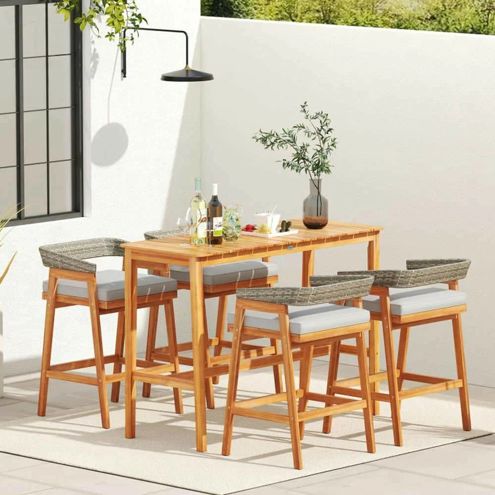 Demifill Acacia Wood Counter Height Table, Patio Bar Furniture with Slatted Tabletop and Footrest Crossbar for Outdoor as Garden, Backyard, Porch, Brown