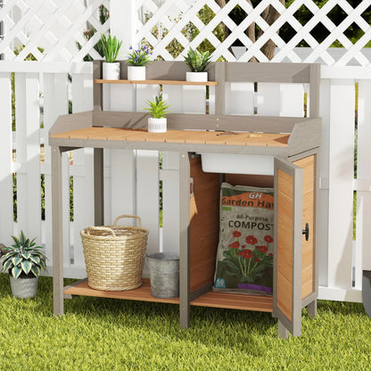 Wooden Potting Bench Table with Sink,Outdoor Garden Table Work Bench with Storage, Workstation for Outside Patio Lawn
