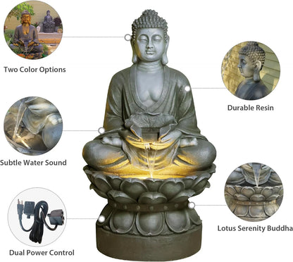 Buddha Water Fountain Outdoor Large Sitting Lotus Base Waterfall Fountains Zen Water Feature Indoor with LED Light for Garden Patio Backyard Deck Lawn Porch Balcony Home 45 inches Gold