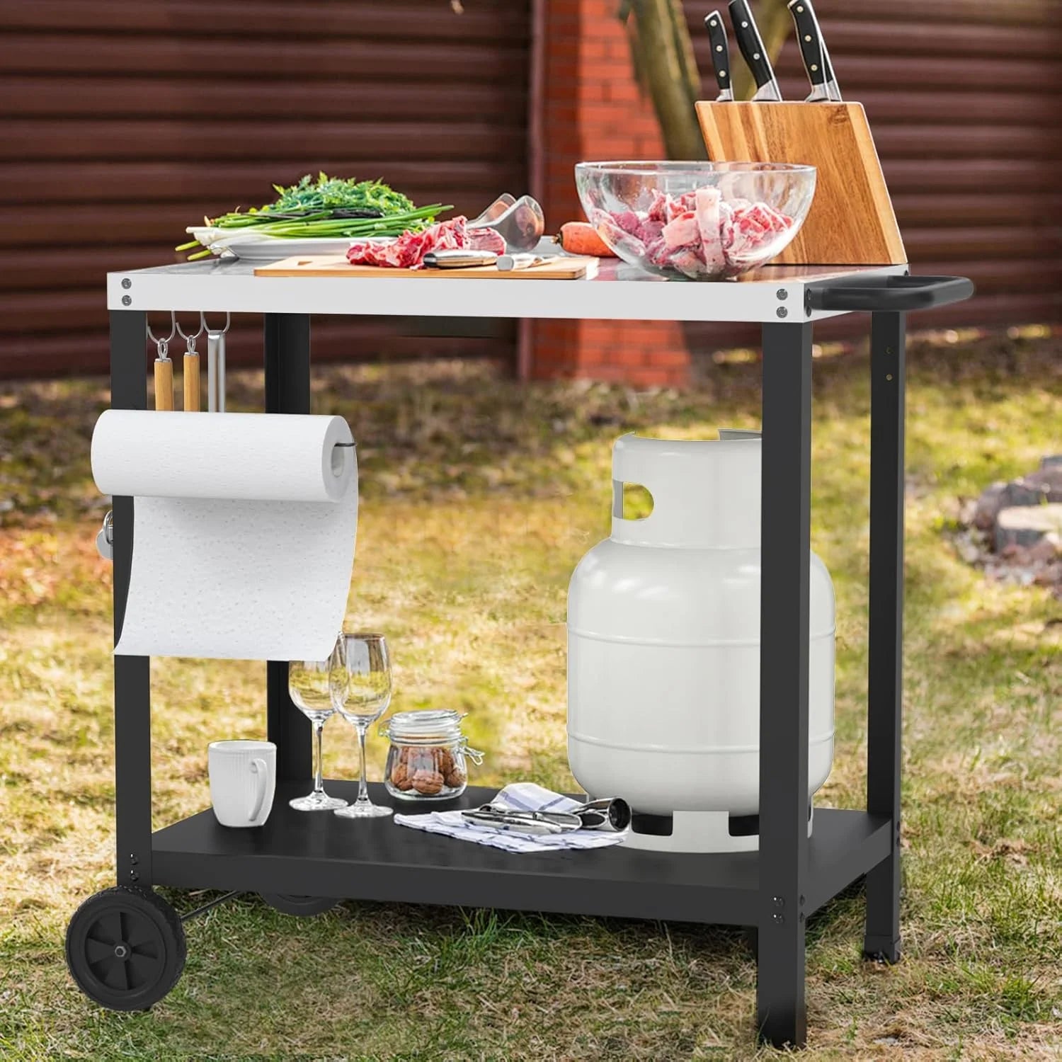 32x20IN Double-Shelve Grill Table, Stainless Steel Outdoor Grill Cart for Blackstone Griddle, Movable Pizza Oven Table for Outside Patio, Kitchen Cooking Food Prep Table for Party