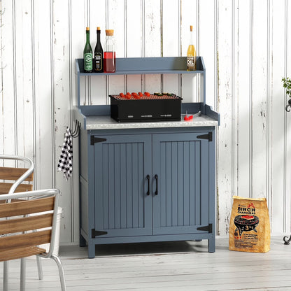 HLR Potting Bench with Storage, Galvanized Steel Tabletop Outdoor Potting Table with Storage for Garden Patio, Original Wood