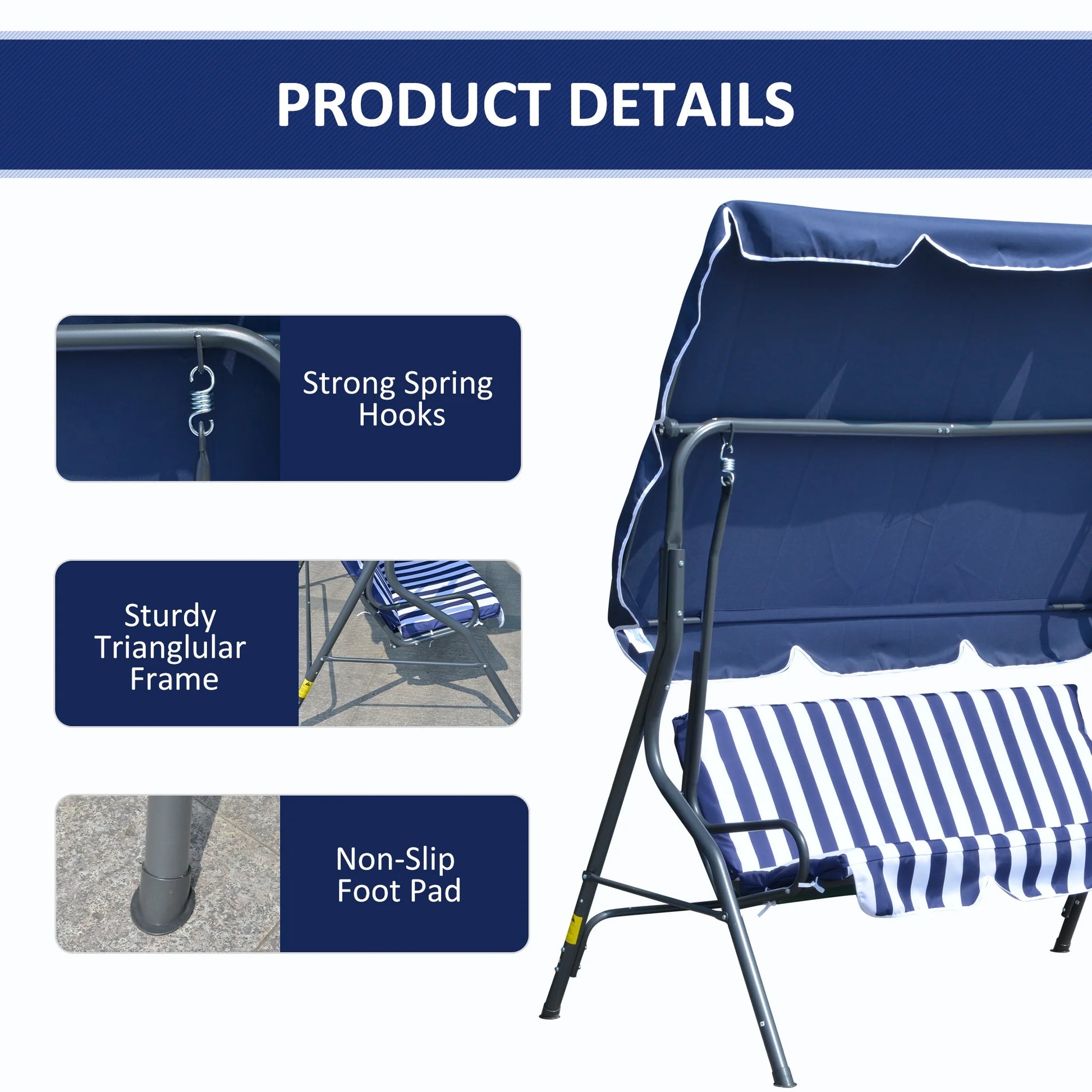 Outsunny Porch Swing with Canopy, 3-Person Patio Swing Chair, Dark Blue