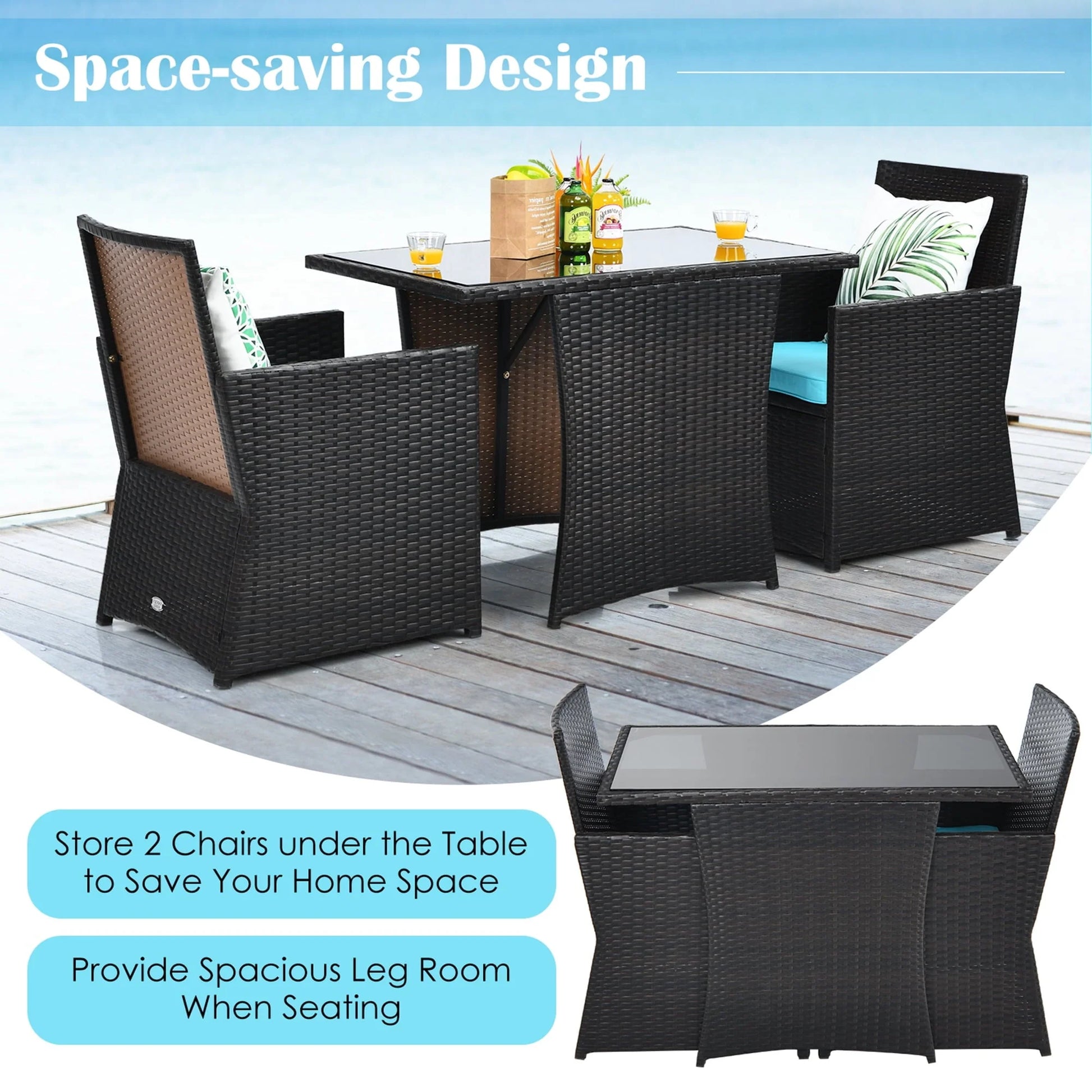 Gymax 3PCS Patio Wicker Bistro Set PE Rattan Dining Table Set w/Turquoise Cushions