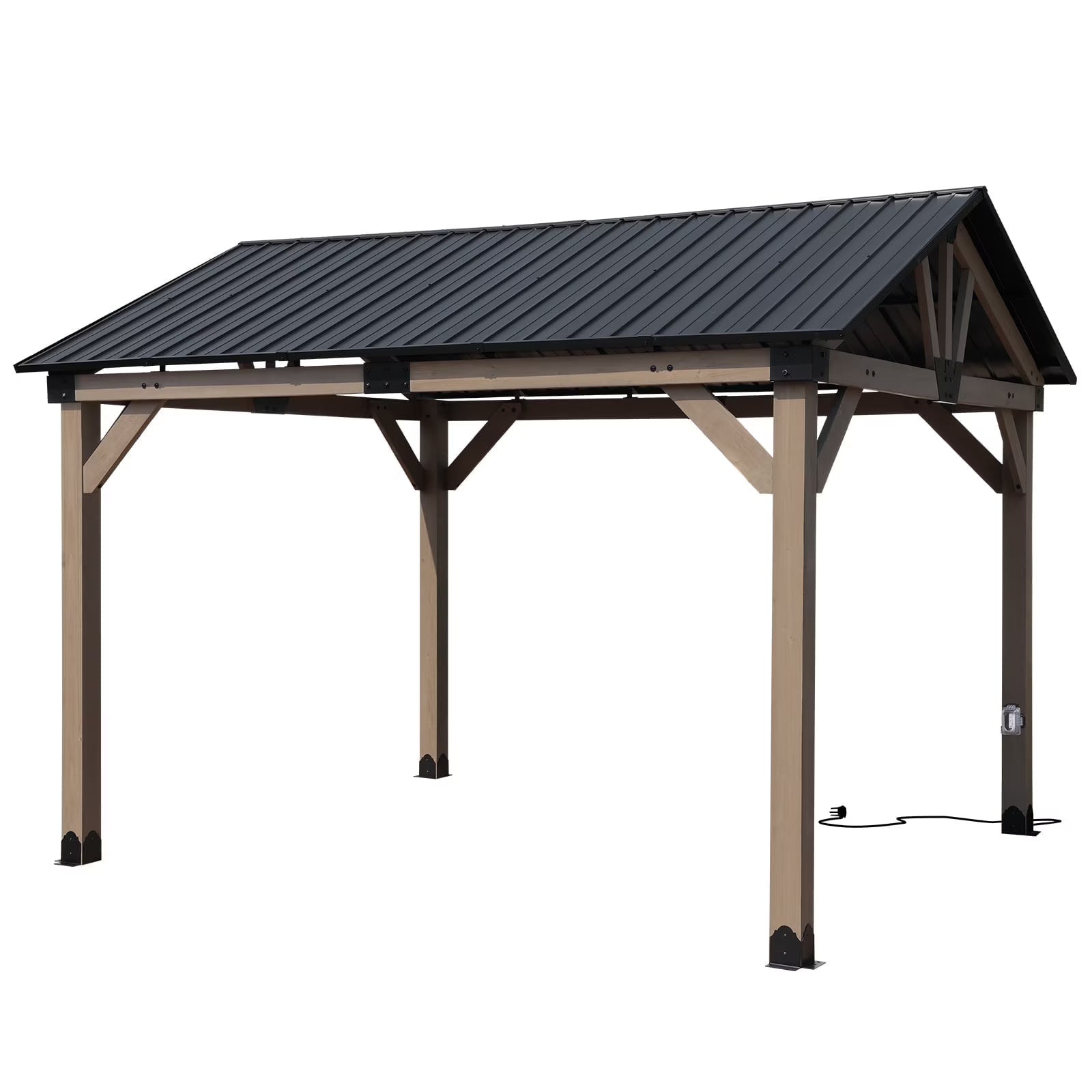 Aoodor 10 x 12 ft Wooden Frame Gazebo with 2-Tier Galvanized Metal Hardtop Roof, Outdoor Patio Gazebo with Charging Socket for Patio, Backyard, Deck, and Lawn