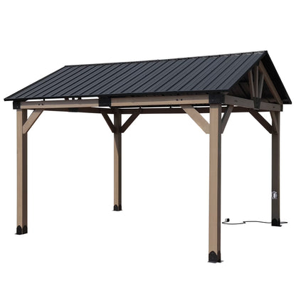 Aoodor 10 x 12 ft Wooden Frame Gazebo with 2-Tier Galvanized Metal Hardtop Roof, Outdoor Patio Gazebo with Charging Socket for Patio, Backyard, Deck, and Lawn