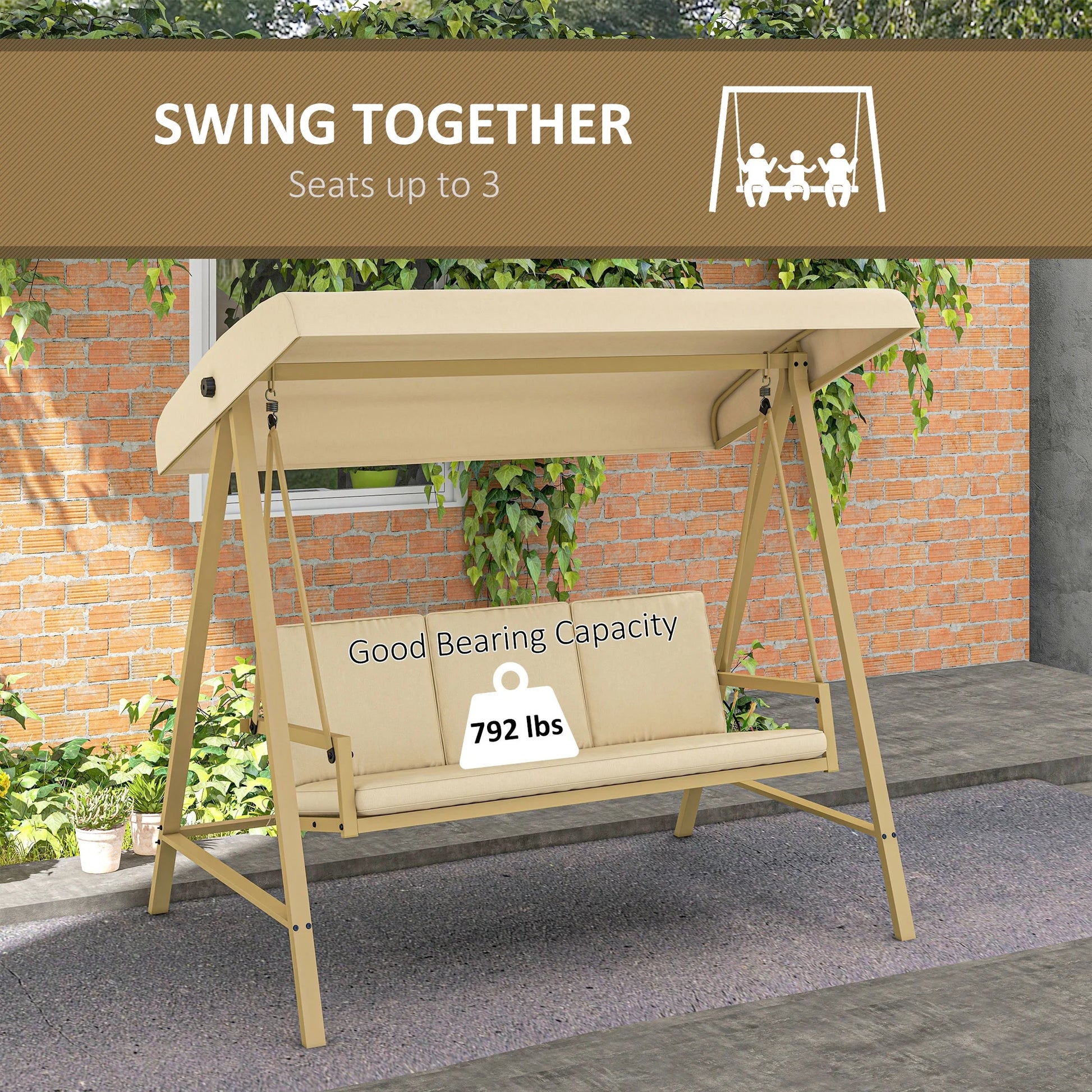 Outsunny 3-Seat Outdoor Porch Swing, Patio Swing Chair with Adjustable Canopy, Removable Cushions for Garden, Backyard, and Poolside, Beige