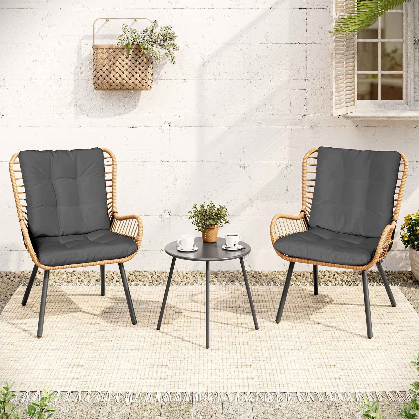 LAUSAINT HOME 3-Piece Patio Furniture Set, High Back Outdoor Bistro with Coffee Table & Beige Cushions for Garden or Deck