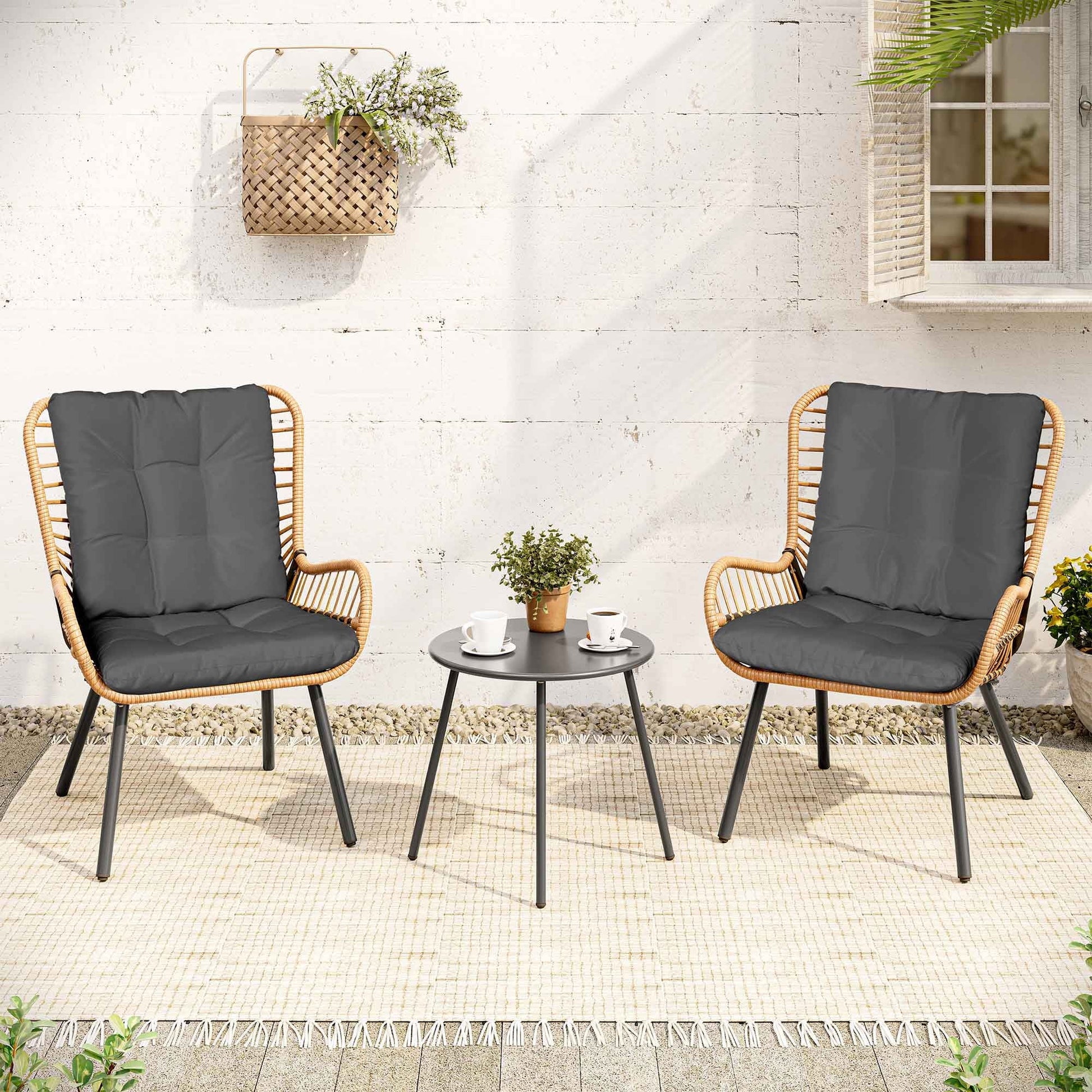 LAUSAINT HOME 3-Piece Patio Furniture Set, High Back Outdoor Bistro with Coffee Table & Beige Cushions for Garden or Deck