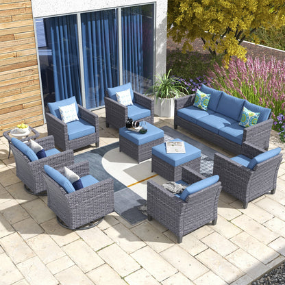 Ovios 10 Pieces Outdoor Patio Furniture with 360° Swivel Rocking Chairs All Weather Patio Sectional Sofa Set for Balcony