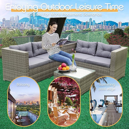 UHOMEPRO 4-Piece Rattan Patio Furniture Sets, All-Weather PE Wicker Patio Conversation Set with Storage Box, Glass Coffee Table, Outdoor Sectional Sofa Set for Backyard Patio Garden Poolside, Gray