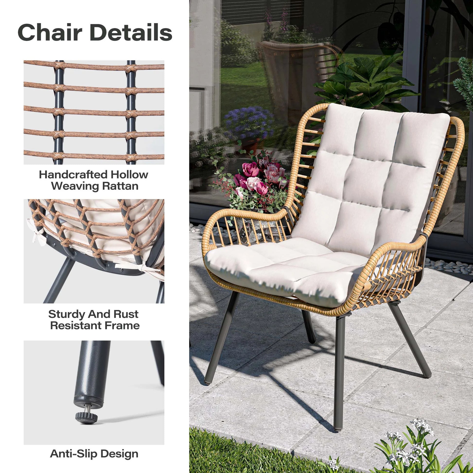LAUSAINT HOME 3-Piece Patio Furniture Set, High Back Outdoor Bistro with Coffee Table & Beige Cushions for Garden or Deck