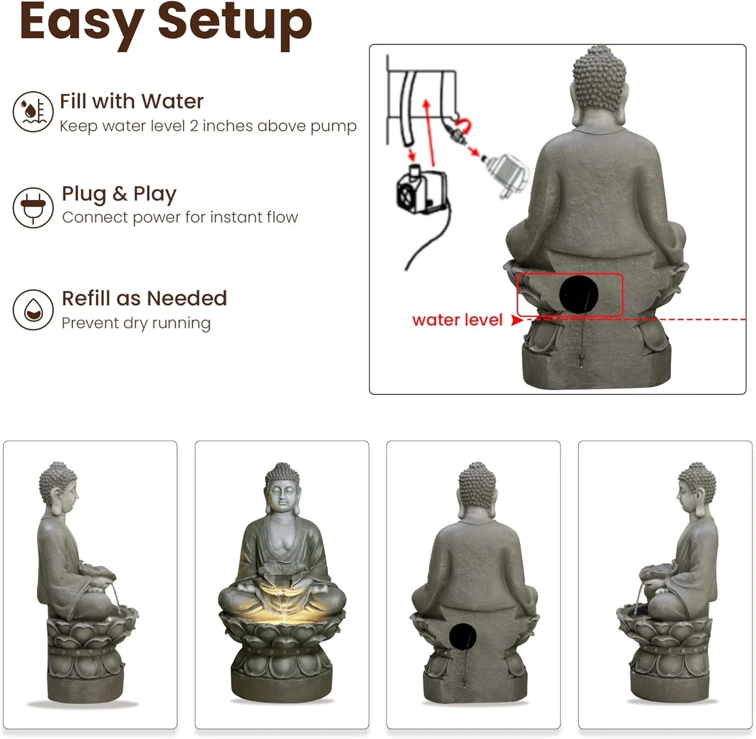 Buddha Water Fountain Outdoor Large Sitting Lotus Base Waterfall Fountains Zen Water Feature Indoor with LED Light for Garden Patio Backyard Deck Lawn Porch Balcony Home 45 inches Gold