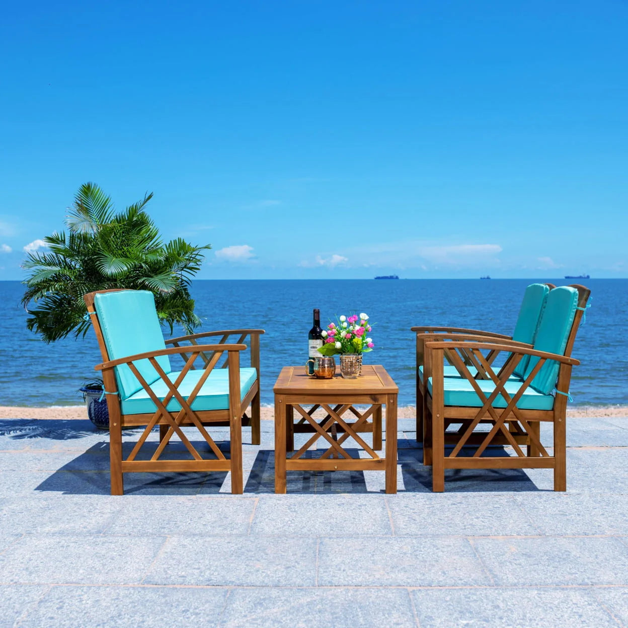 SAFAVIEH Outdoor Collection Fontana 4-Piece Patio Set Aqua Cushion