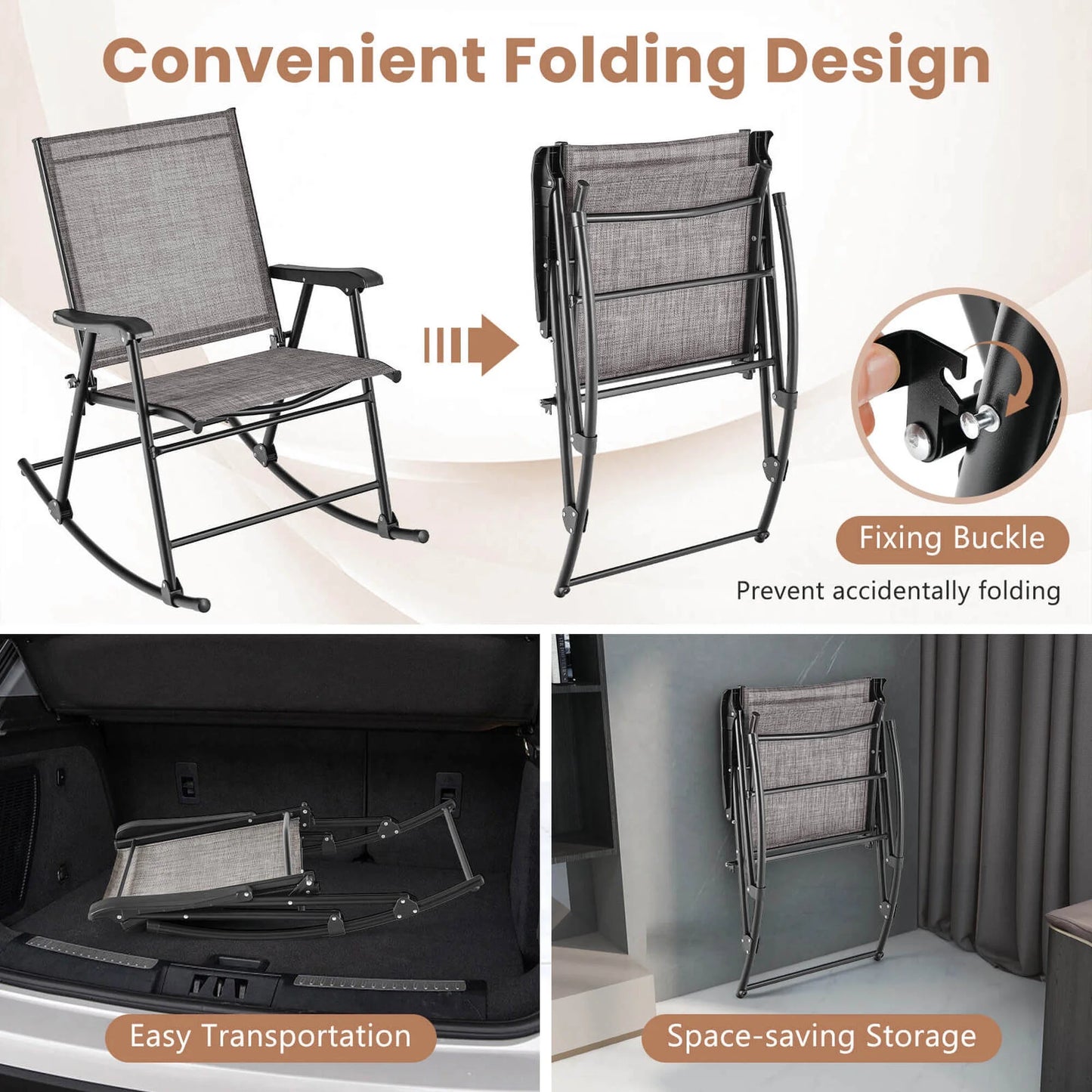 Costway 2pcs Patio Folding Rocking Chair Heavy-Duty Metal Frame Rockers Outdoor Brown