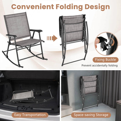 Costway 2pcs Patio Folding Rocking Chair Heavy-Duty Metal Frame Rockers Outdoor Brown