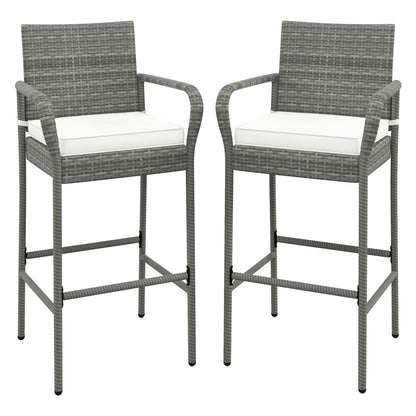 Gymax Set of 4 Rattan Patio Bar Stools Outdoor Bar Height Chairs w/Cushions