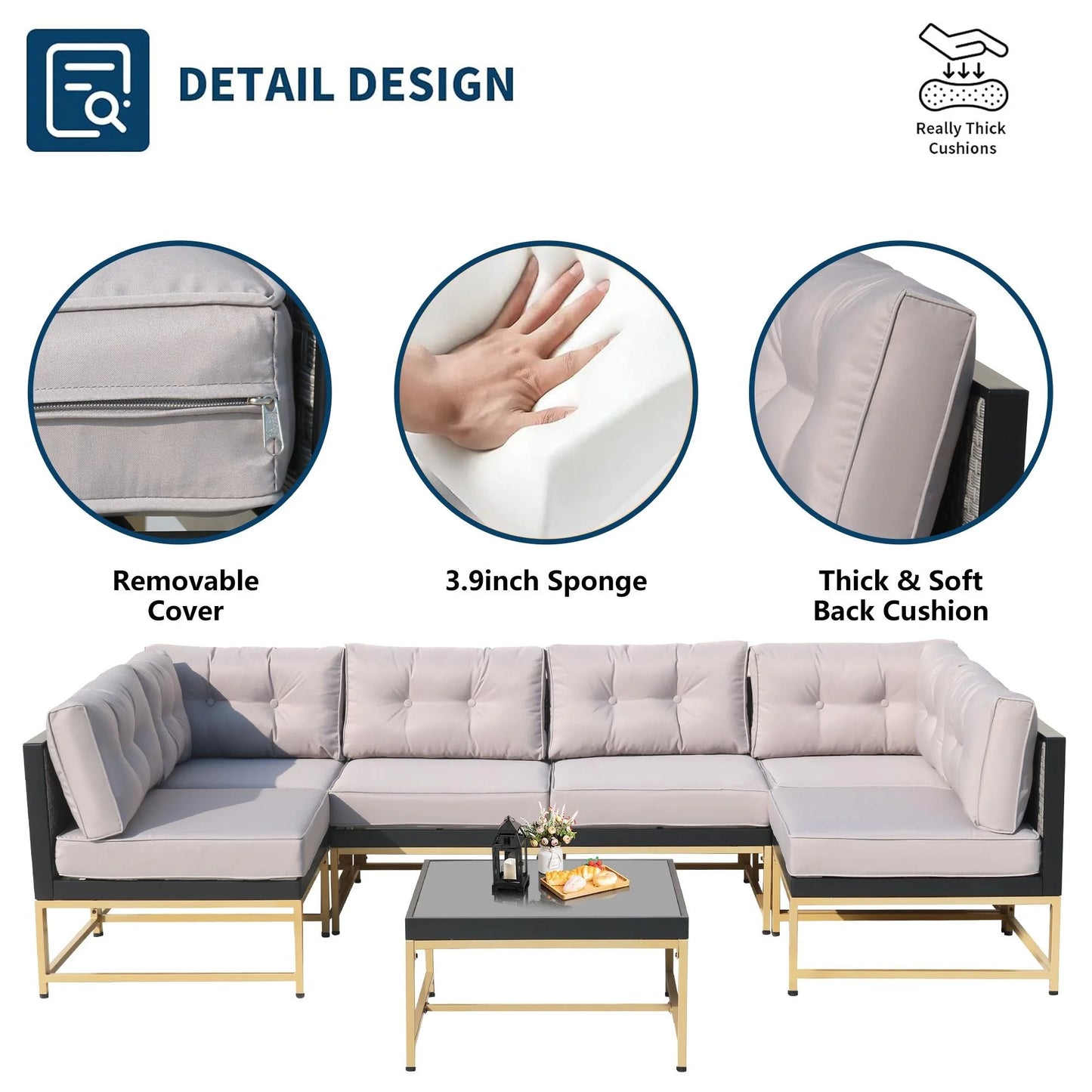 Patio Outdoor Furniture Sets, 7 Pieces All-Weather Rattan Sectional Sofa with Tea Table and Cushions, PE Rattan Wicker Sofa Couch Conversation Set for Garden Backyard Poolside