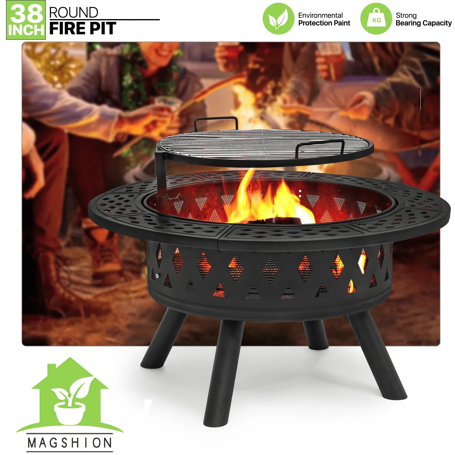 Magshion 38" 2 in 1 Fire Pit with Cooking Grate, Outdoor Wood Burning Firepit with Spark Screen & Poker for Backyard Patio BBQ, Black