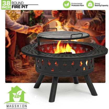 Magshion 38" 2 in 1 Fire Pit with Cooking Grate, Outdoor Wood Burning Firepit with Spark Screen & Poker for Backyard Patio BBQ, Black