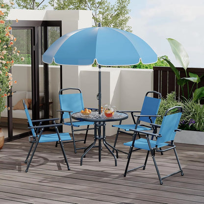 6 Pieces Outdoor Dining Set With Umbrella, Patio Table and 4 Folding Chairs With Umbrella, Garden Patio Furniture Set With Umbrellas, Tempered Glass Top Dining Table