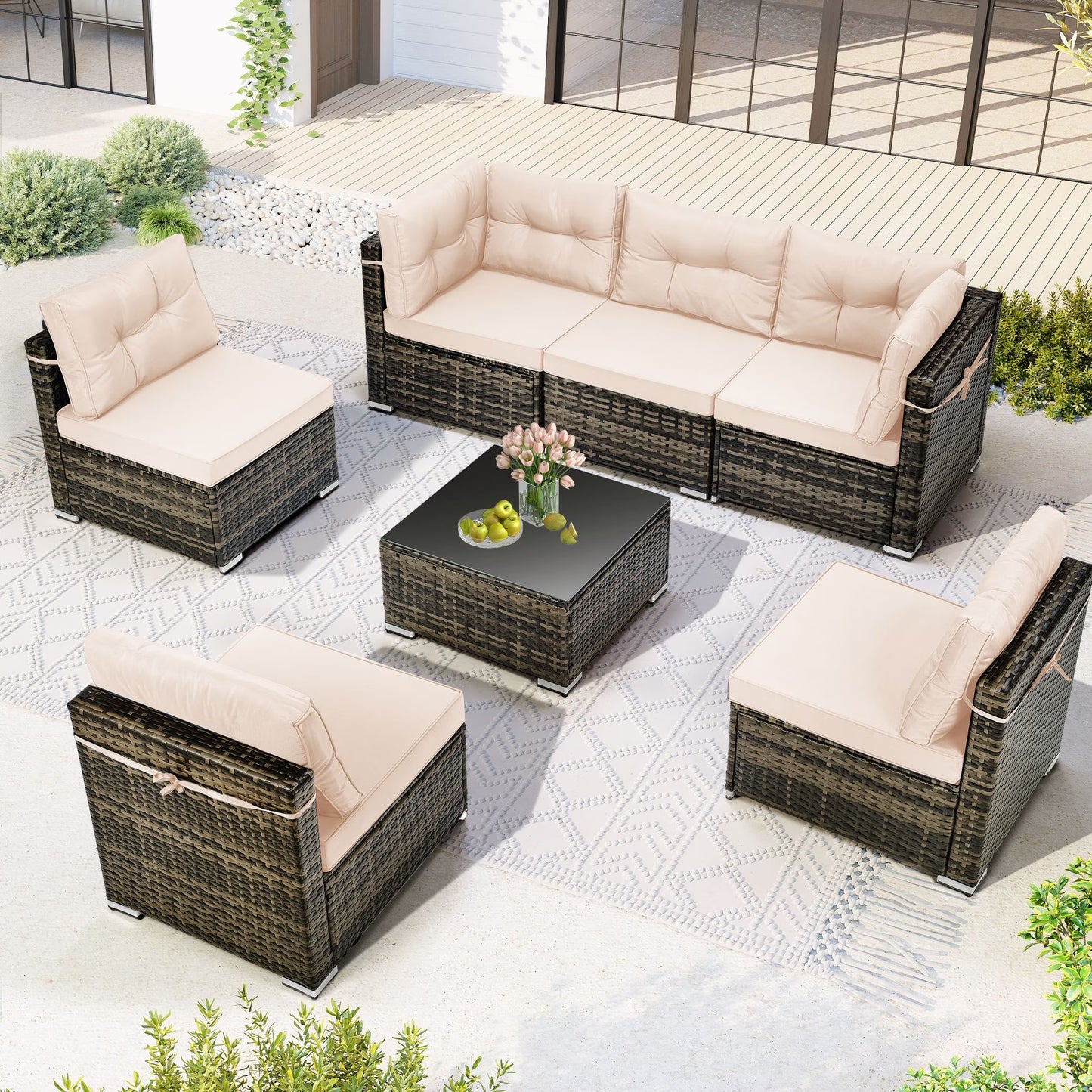 7 Piece Rattan Sectional Sofa Set, Outdoor Conversation Set, All-Weather Wicker Sectional Seating Group with Cushions & Coffee Table, Morden Furniture Couch Set for Patio Deck Garden Pool