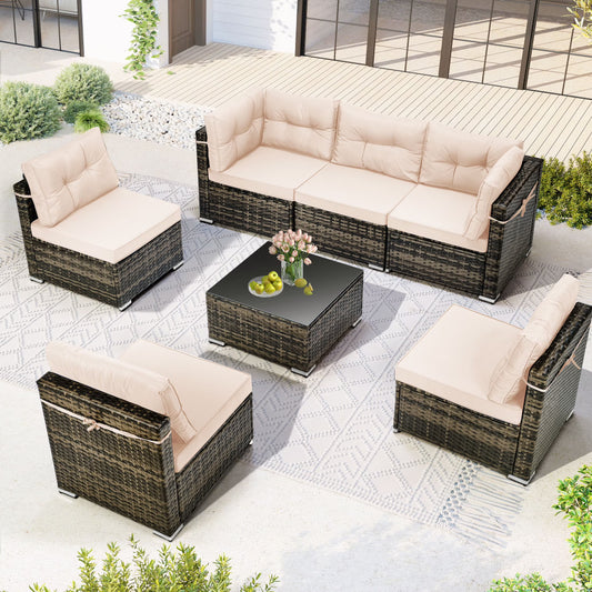7 Piece Rattan Sectional Sofa Set, Outdoor Conversation Set, All-Weather Wicker Sectional Seating Group with Cushions & Coffee Table, Morden Furniture Couch Set for Patio Deck Garden Pool