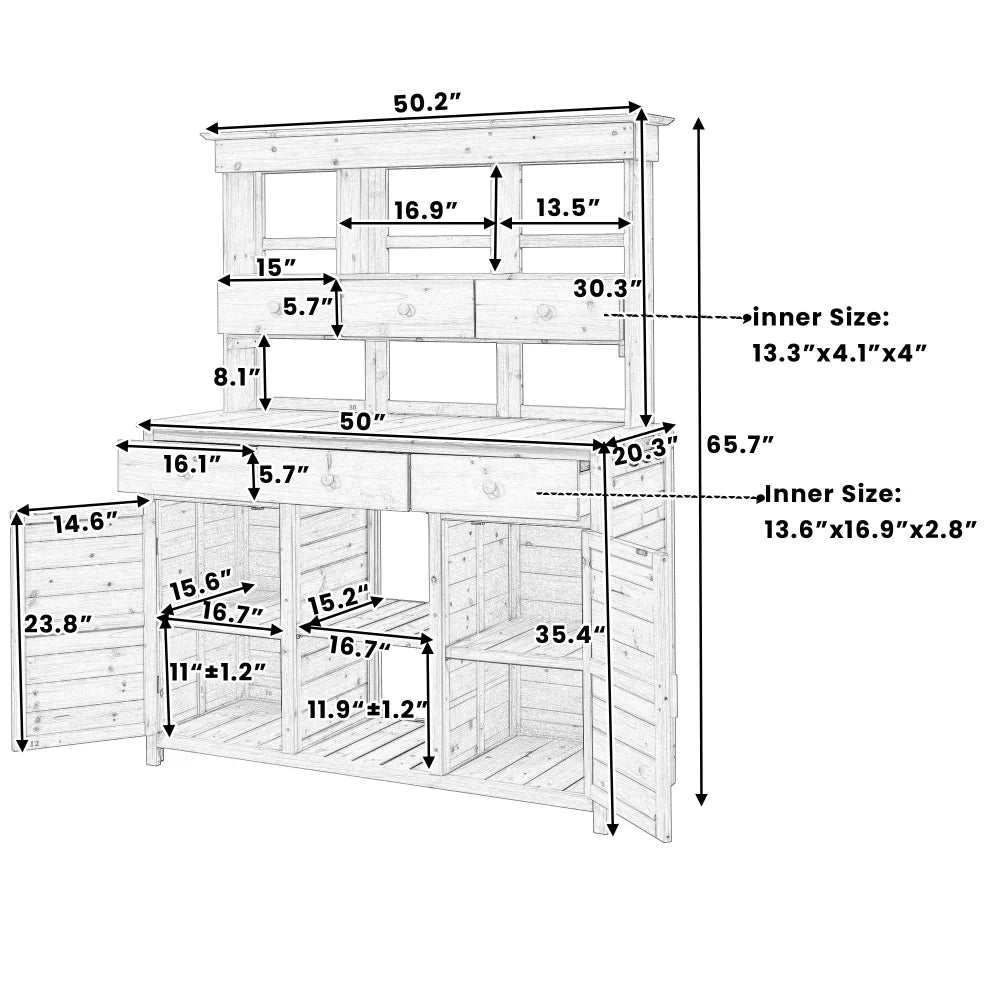 Rustic 65.7'' Tall Garden Potting Bench Table with Hutch, 3 Shelves, 6 Drawers, 2 Cabinets & 3 Side Hooks for Mudroom, Patio, 3 Color