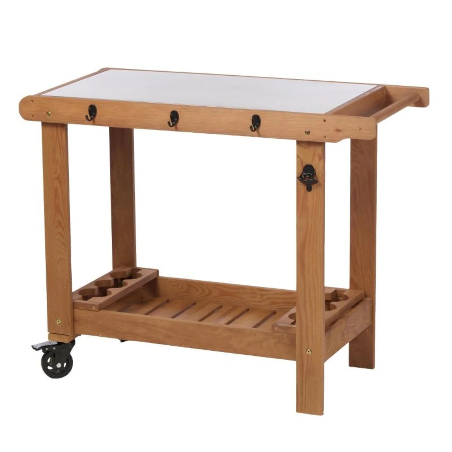 Outdoor Wooden Cart Table With Wheels Metal Top And Storage Hook For Patio Backyard Garden Offering Both Charm And Heat Resistance