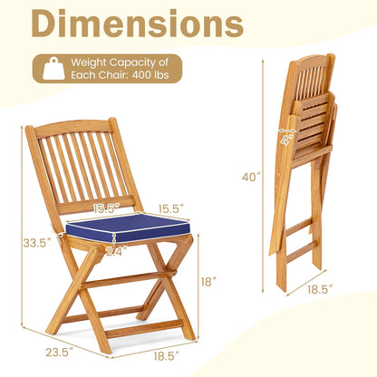 Topbuy Patio Folding Chair Set of 4 Portable Acacia Wood Dining Chairs with High Back & Seat Cushions Navy