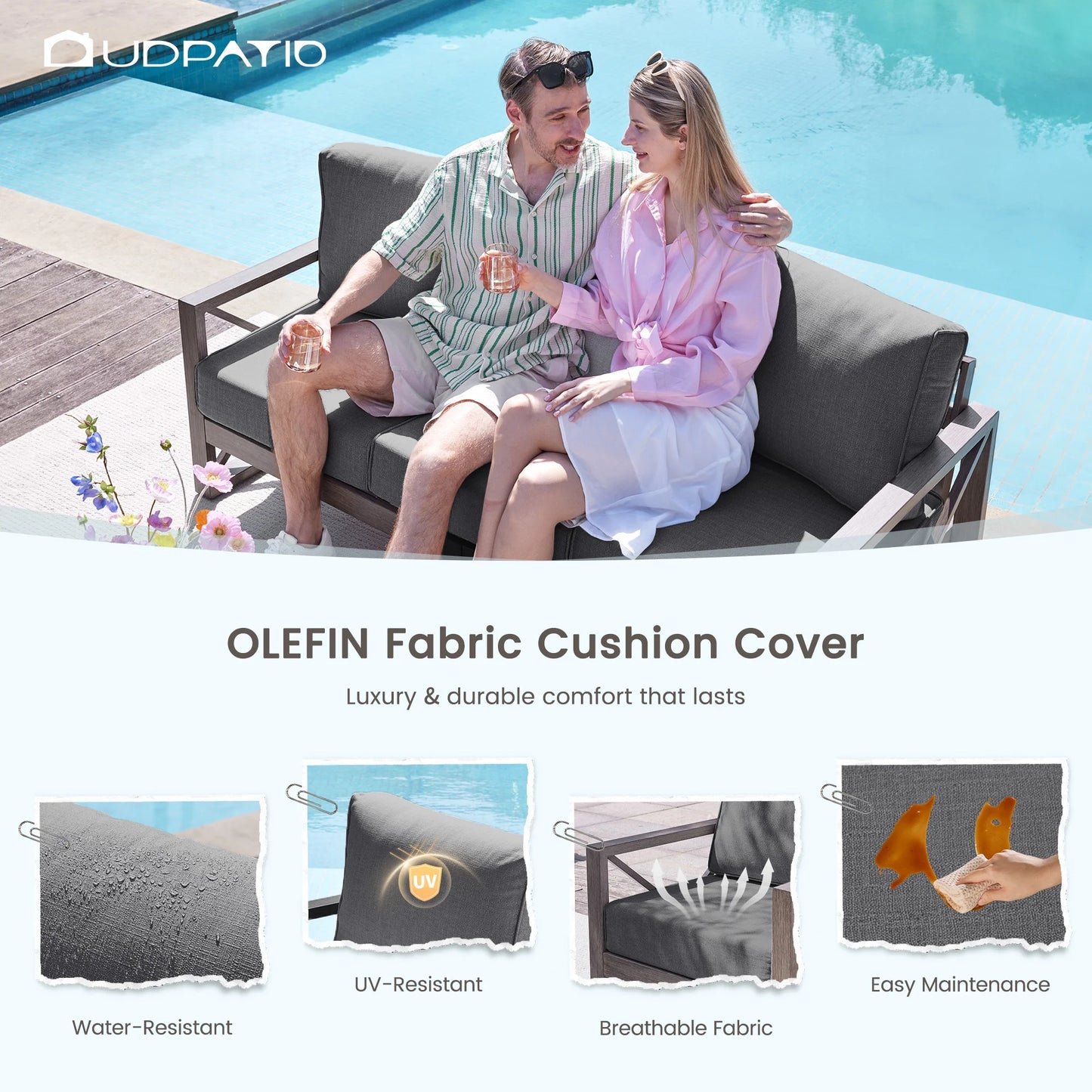 MRUAKA 5 Piece Aluminum Patio Furniture Set Faux Wood Grain Modern Outdoor Furniture Set with 6" Olefin Fabric Cushions and Coffee Table, 600D Waterproof Cover Included, Dark Grey