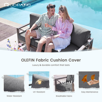 MRUAKA 5 Piece Aluminum Patio Furniture Set Faux Wood Grain Modern Outdoor Furniture Set with 6" Olefin Fabric Cushions and Coffee Table, 600D Waterproof Cover Included, Dark Grey