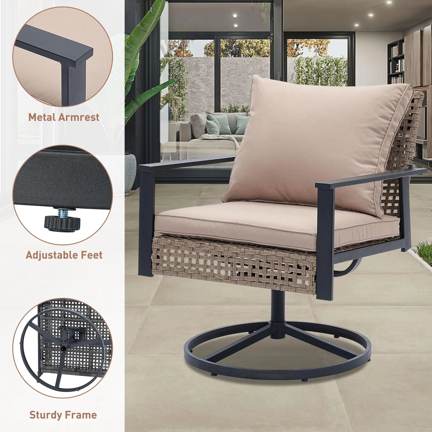 Ainfox Premium Patio Swivel Bistro Set,3-Piece Ourdoor Furniture Set,Wicker Rattan Coversation Rocking Chairs w/Glass Top Table & Cushions,Khaki