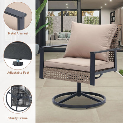 Ainfox Premium Patio Swivel Bistro Set,3-Piece Ourdoor Furniture Set,Wicker Rattan Coversation Rocking Chairs w/Glass Top Table & Cushions,Khaki