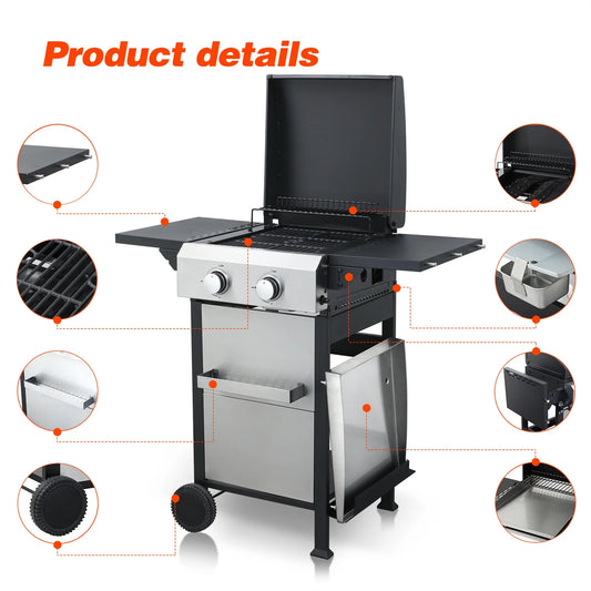 HighSound 2-Burner Propane Gas Grill, 24600 BTU Patio Garden Barbecue Grill with Stainless Steel Tray, Wire Enamel Cooking Grids & Foldable Shelves, Black