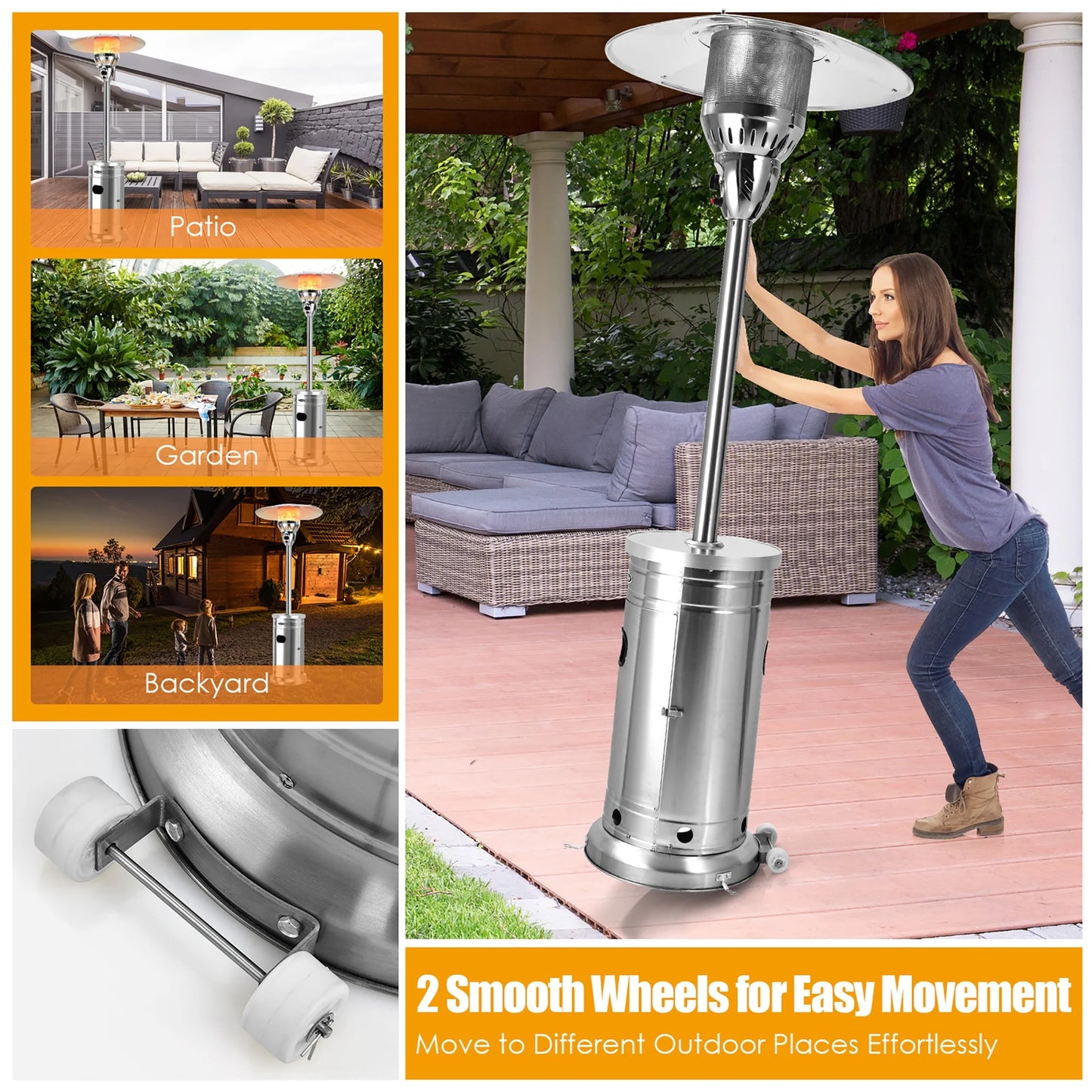 Costway 48,000 BTU Patio Propane Heater Stainless Steel W/Table & Wheels