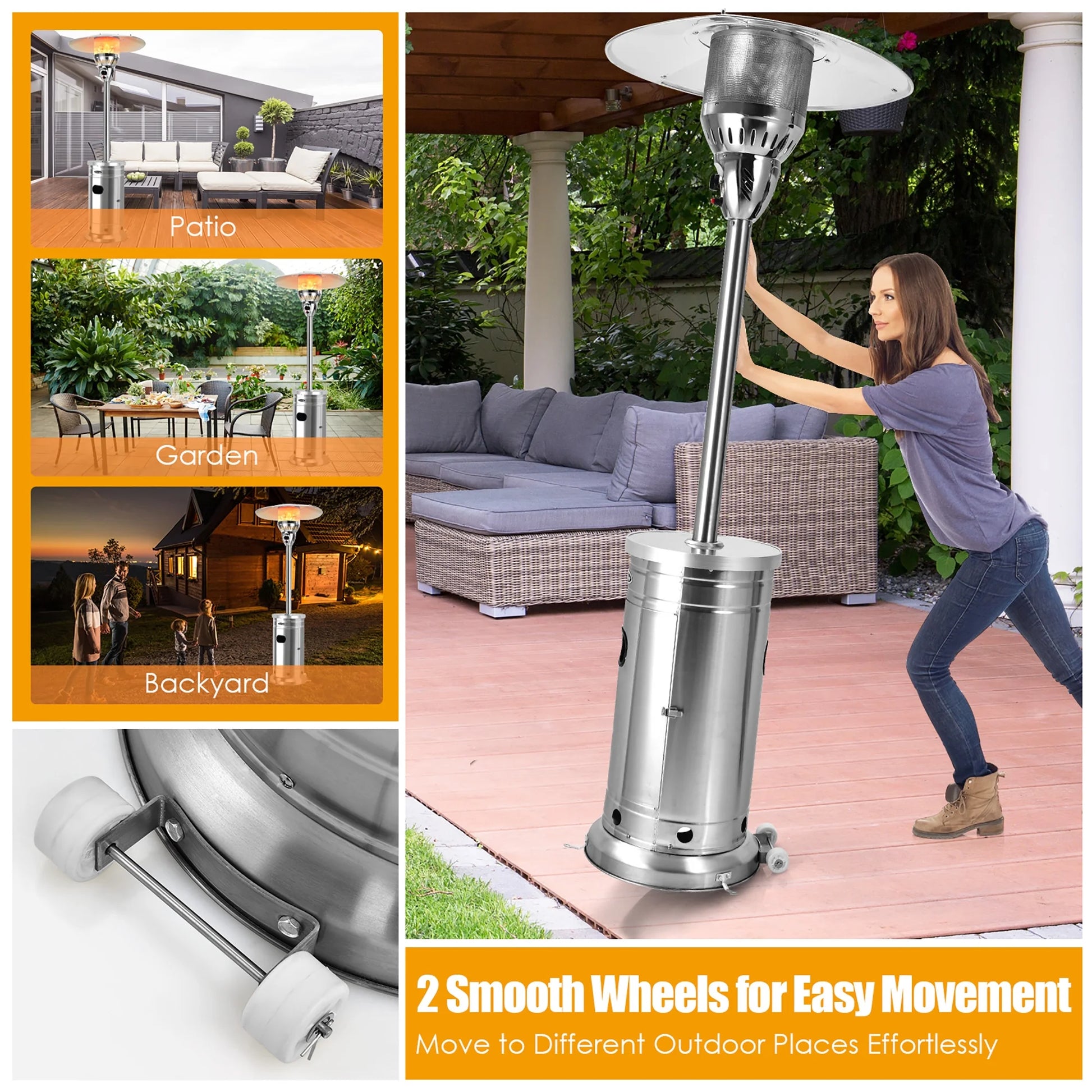 Costway 48,000 BTU Patio Propane Heater Stainless Steel W/Table & Wheels
