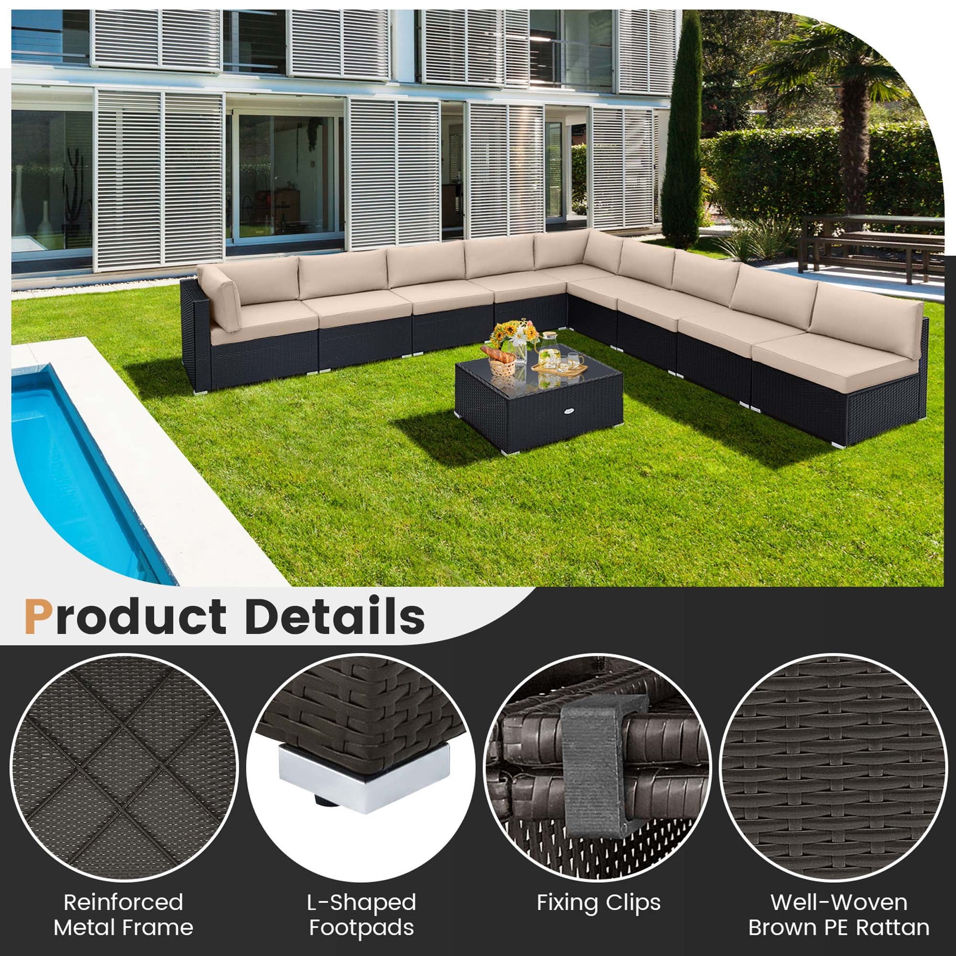 Costway 10 PCS Patio Rattan Furniture Set Outdoor Wicker Sofa Table Cushioned Seat Beige