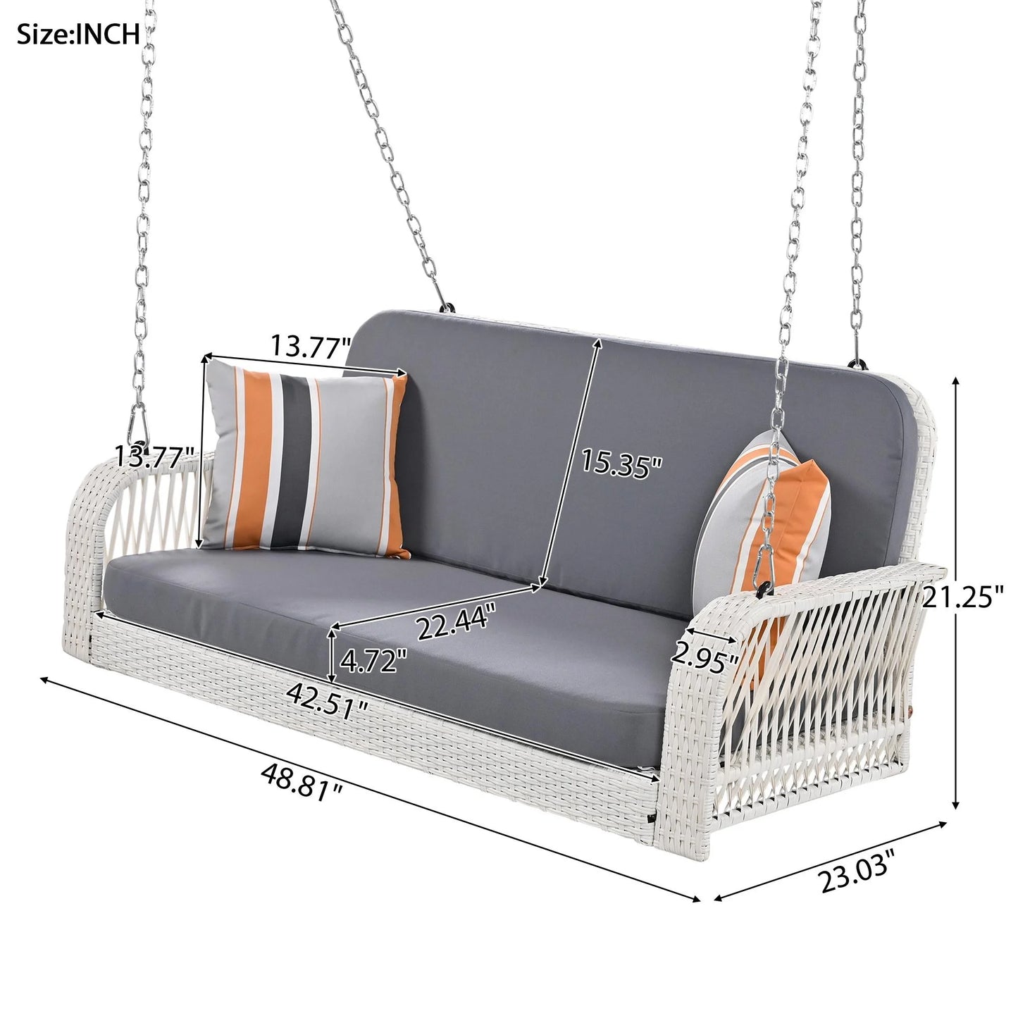 SEGMART 2 Person Wicker Hanging Swing Bench, Front Porch Swing Outdoor Chair with Cushion and Pillow, Patio Furniture Swing for Deck, Backyard, Garden, Gray