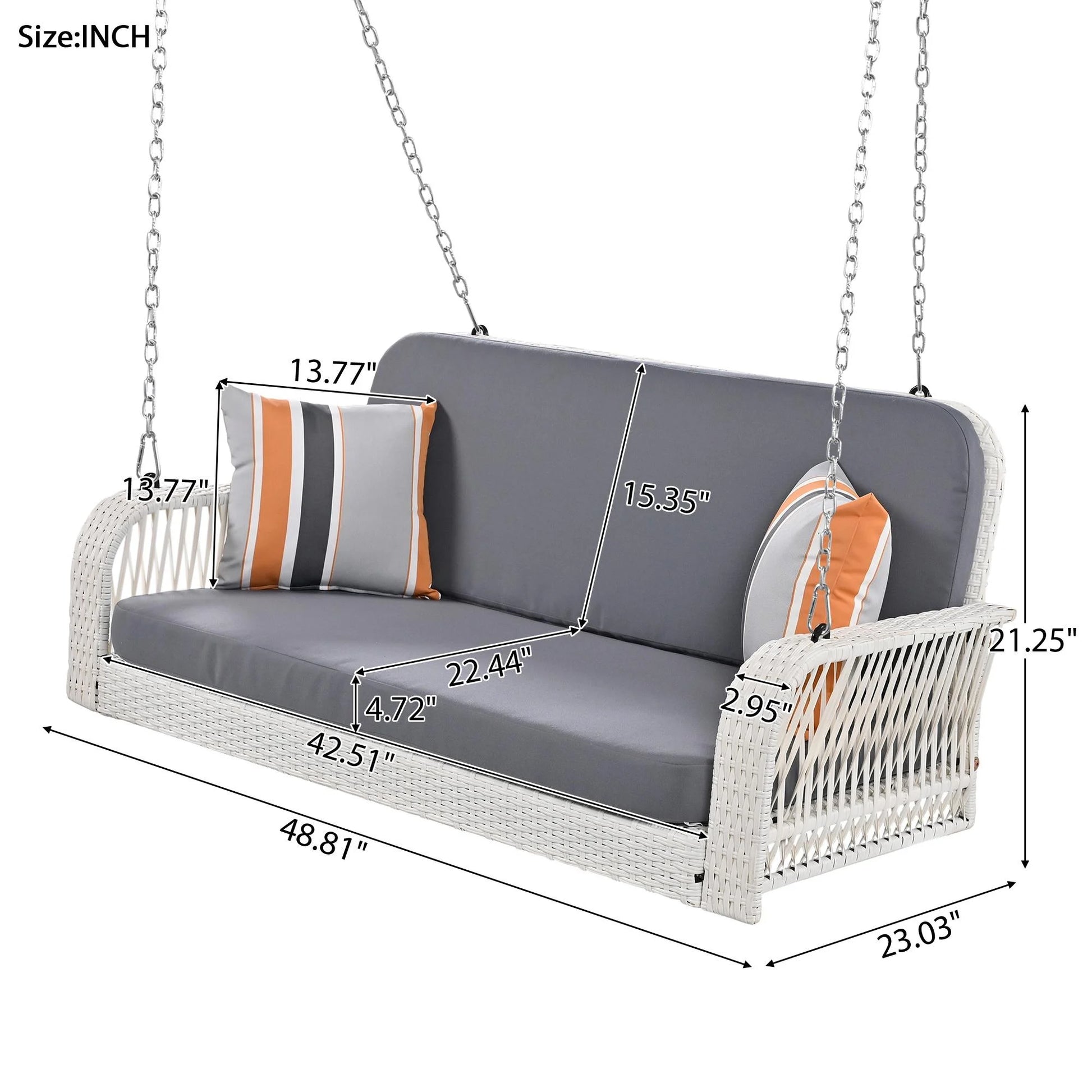 SEGMART 2 Person Wicker Hanging Swing Bench, Front Porch Swing Outdoor Chair with Cushion and Pillow, Patio Furniture Swing for Deck, Backyard, Garden, Gray