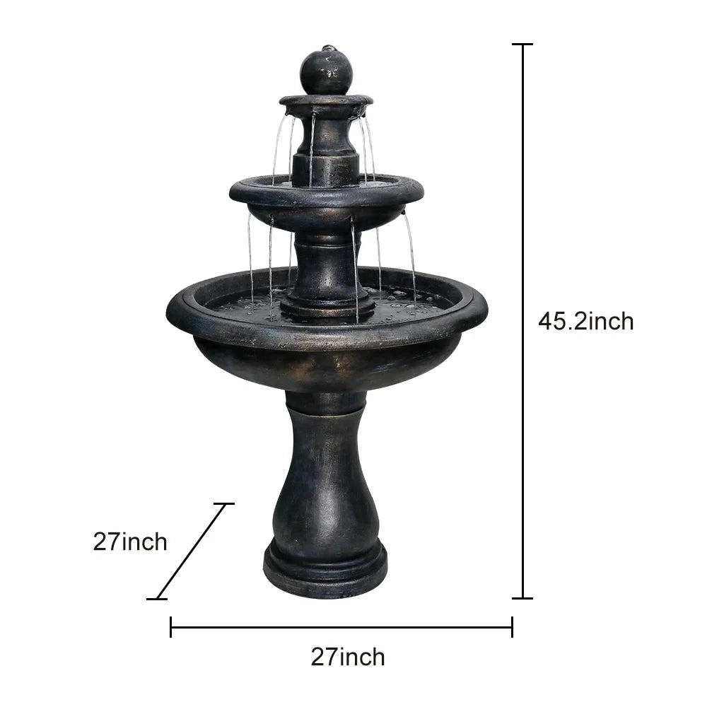3-Tiers Modern Concrete Outdoor/Indoors Floor Fountain - Round Large Outdoor Freestanding Waterfalls Fountains for Garden, Patio, Yard, and Deck Decor