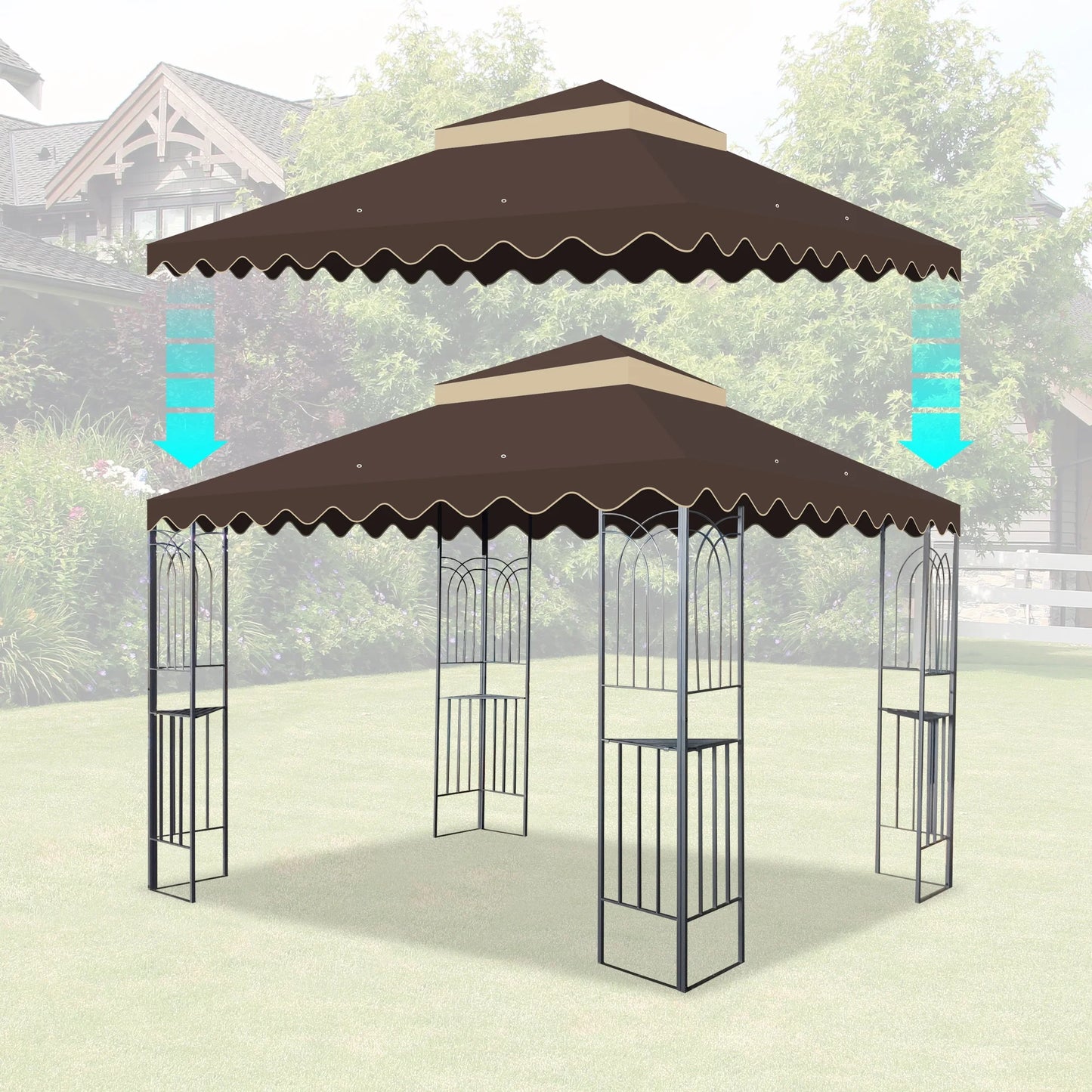 10x10 Ft Replacement Gazebo Canopy, Double Tiered Outdoor Patio Tent Roof Cover with Wavy Border, UV Protection & Water Repellent Polyester Fabric, Khaki (Frame Not Included)
